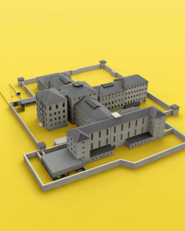Virtuelles 3D-Modell des historischen Gefängniskomplexes Kaßberg in Draufsicht, dargestellt auf gelbem Hintergrund.