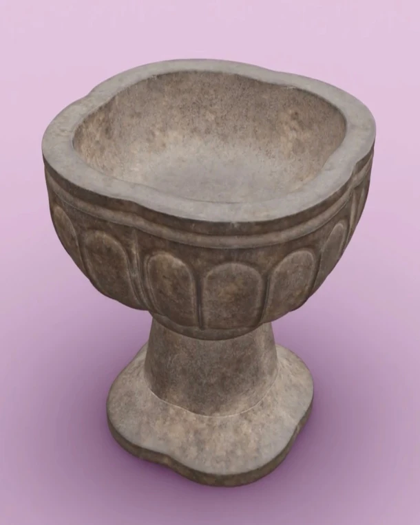 Digitalisiertes 3D-Modell eines historischen Taufbeckens aus Stein, freigestellt vor einem rosa Hintergrund.